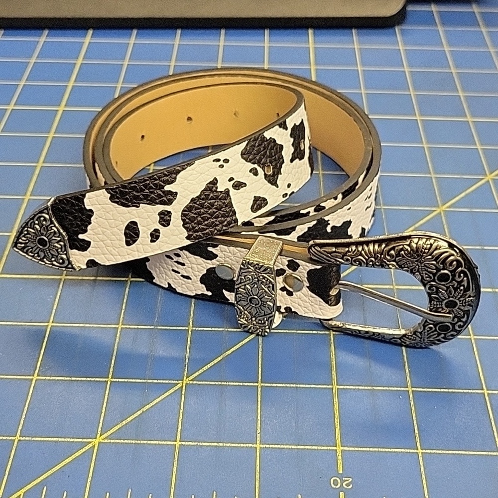 Western Style Black White Holstein Cow Print Pleather Belt 36"